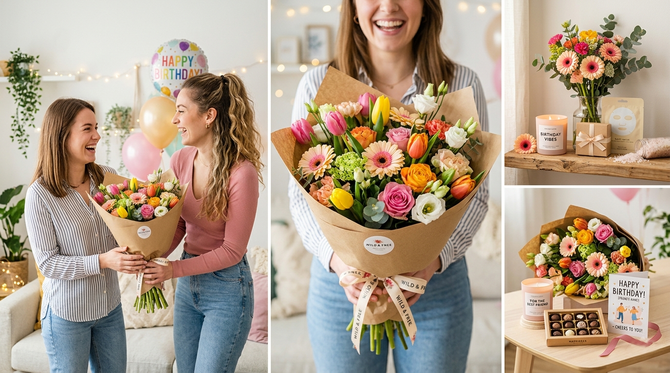 Bright and cheerful birthday flower bouquet for a female friend, featuring vibrant mixed blooms like sunflowers, daisies, and roses, beautifully arranged to express happiness, friendship, and a fun celebratory vibe