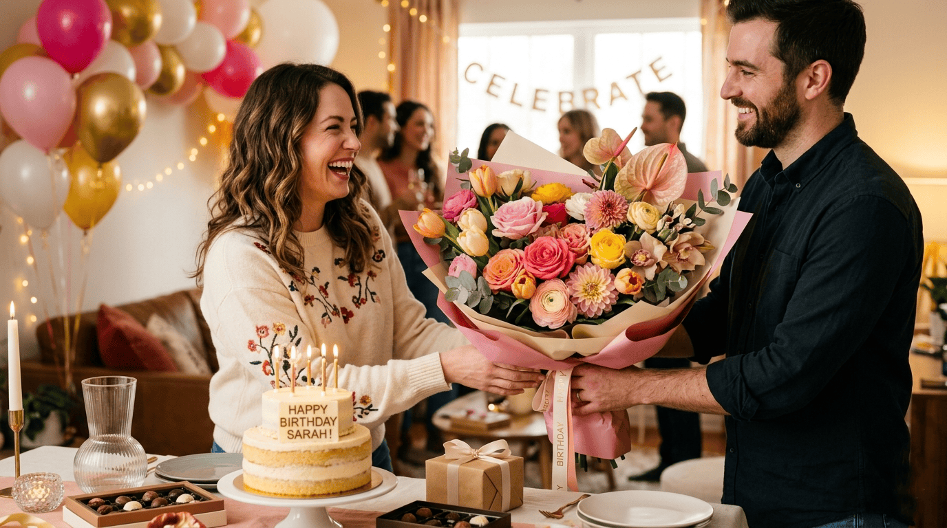 Flowers arranged beautifully for a birthday celebration, symbolizing love, joy, and heartfelt emotions with vibrant colors and fresh blooms in an elegant setting