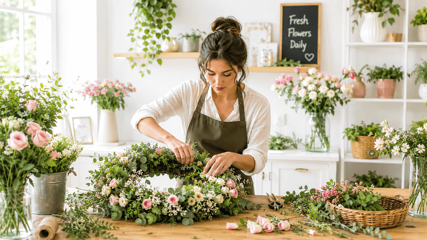 A florist carefully arranging a floral wreath in a bright, modern flower shop.