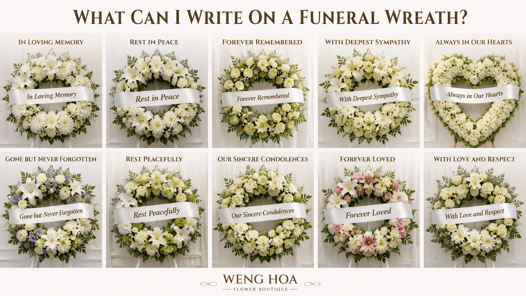 Beautiful white funeral wreath with elegant fresh flowers, symbolizing sympathy, remembrance, love, respect, and a heartfelt farewell to a loved one.