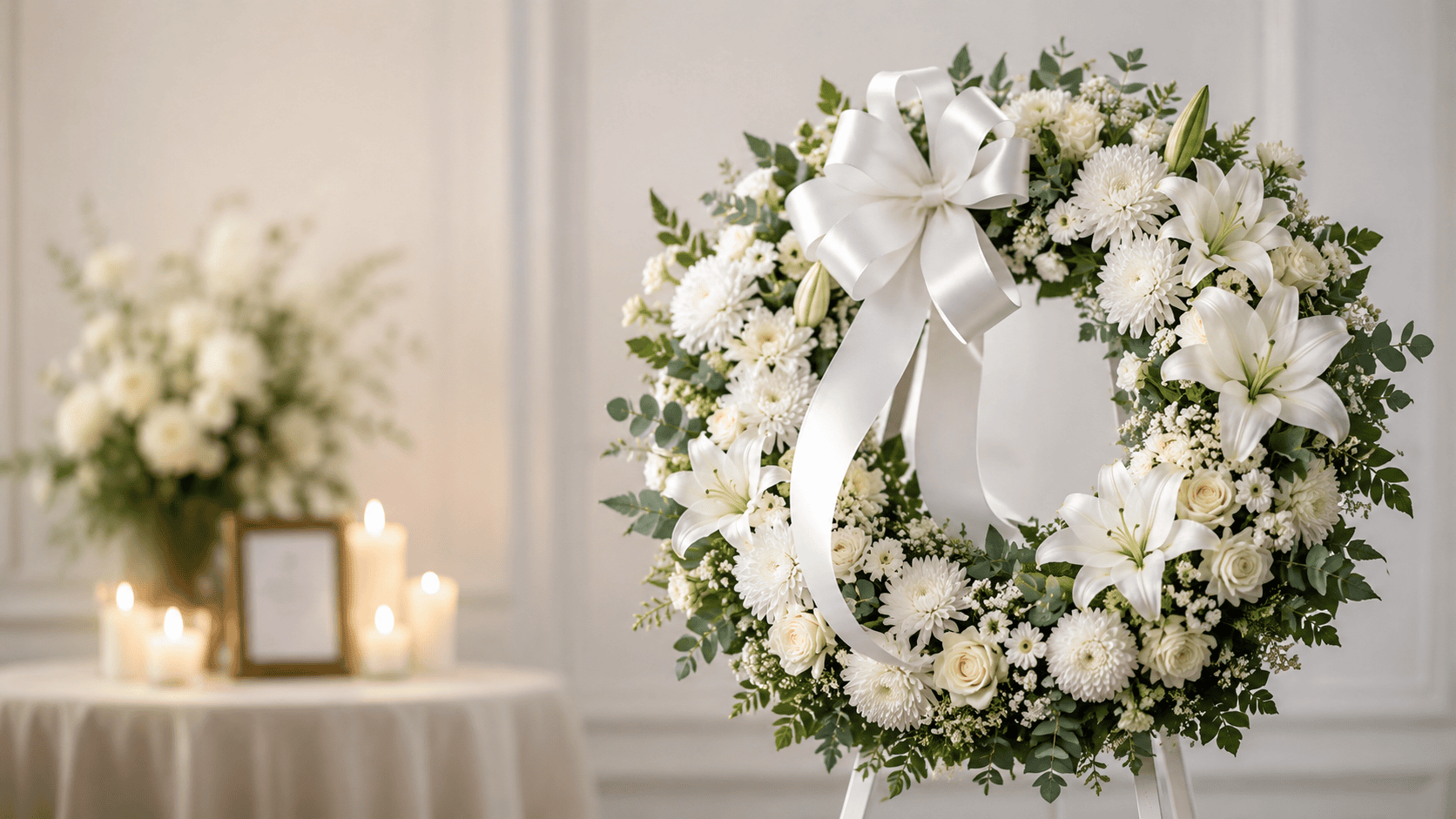 Elegant white condolence wreath with fresh flowers arranged for a funeral, symbolizing sympathy, remembrance, respect, and heartfelt condolences.