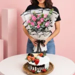 Blueberry Cake & Bouquet Combo featuring a hand bouquet of 10 pink roses paired with a Purple Velvet Chiffon Cake filled with blueberry cream cheese for gifting and celebrations.