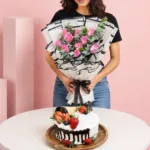 Blueberry Cake & Bouquet Combo featuring a hand bouquet of 10 pink roses paired with a Purple Velvet Chiffon Cake filled with blueberry cream cheese for gifting and celebrations.