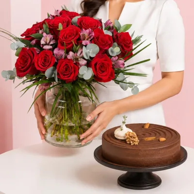 Chocolate Cheesecake & Flowers Combo featuring 15 red roses and 5 alstroemerias arranged in a vase paired with a rich chocolate cheesecake made with cream cheese, dark chocolate, and walnuts.