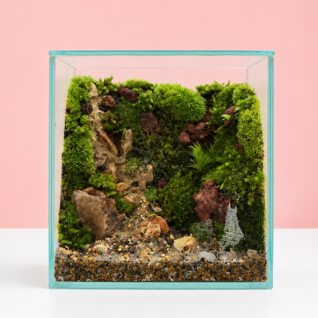 miniature-moss-cube-garden Miniature Moss Cube Garden featuring lush green moss, miniature plants, decorative pebbles, and a tiny figurine arranged inside a modern glass cube terrarium.