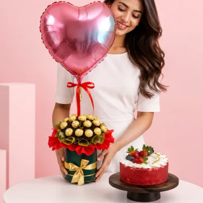 Red Velvet & Chocolates Combo featuring a Red Velvet cake with cream cheese, Ferrero chocolates, and a whimsical celebration balloon.