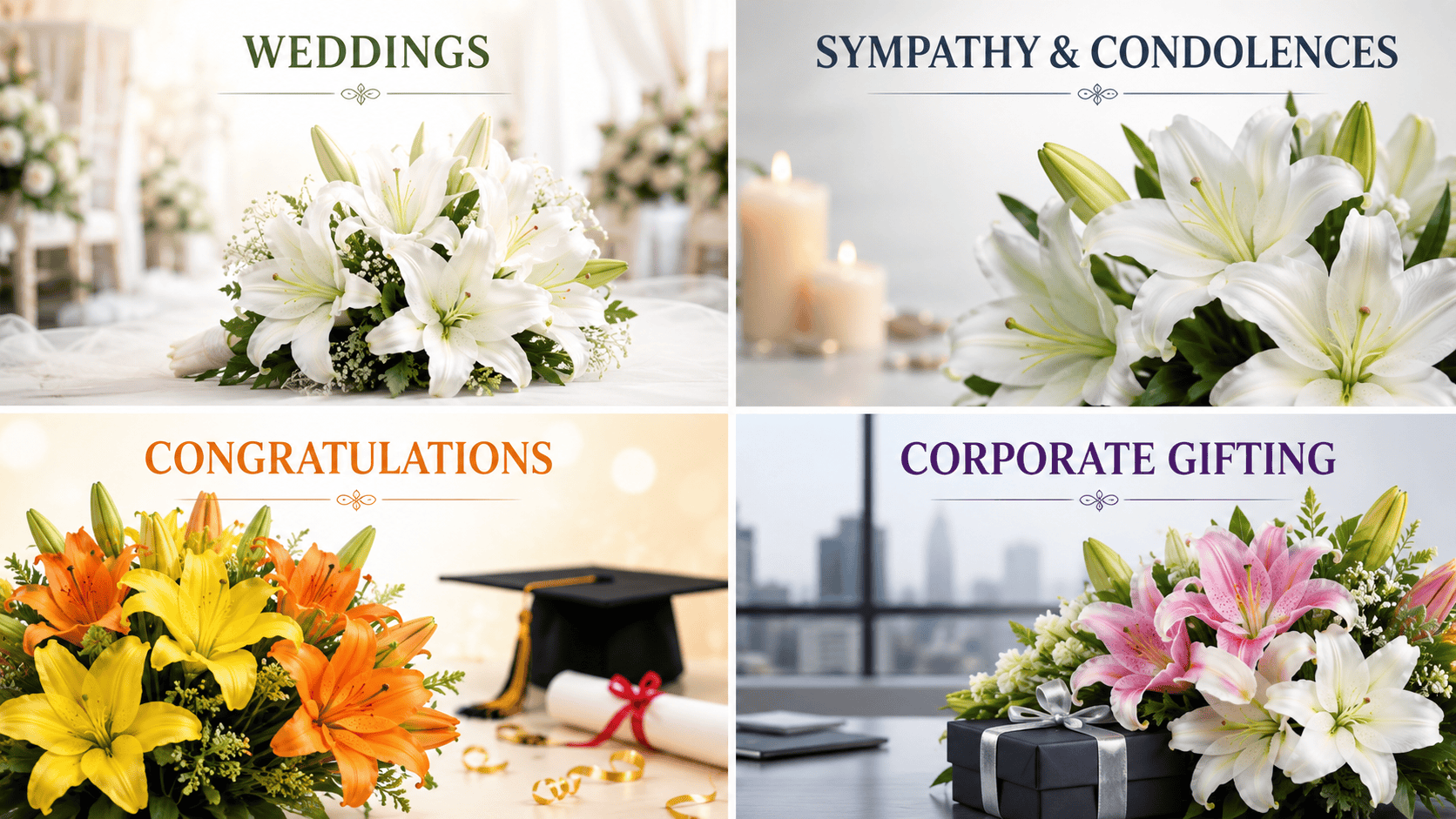 lily bouquets for Weddings, Sympathy & Condolences, Congratulations, and Corporate Gifting, with elegant flower arrangements and themed backgrounds.