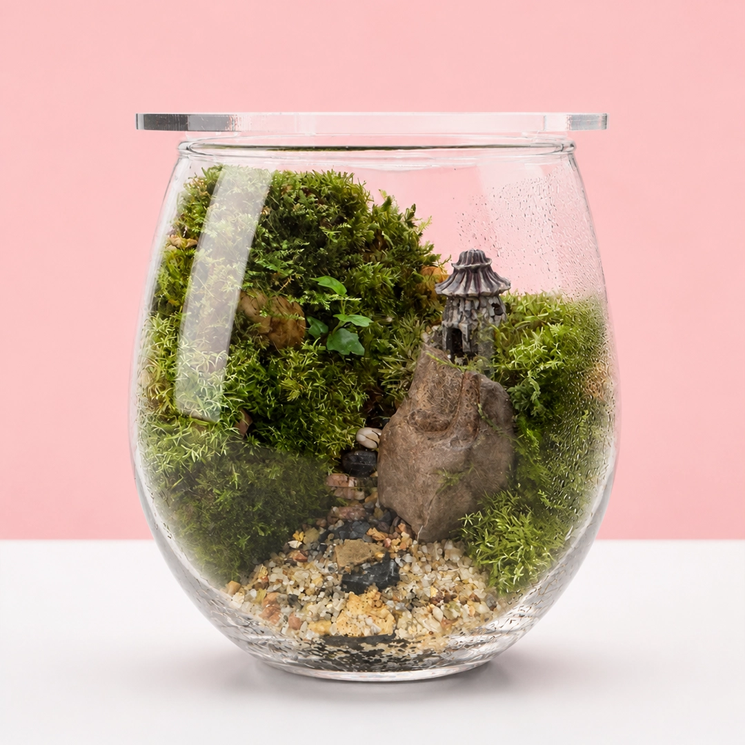 zen-forest-glass-bowl-terrarium Zen Forest Glass Bowl Terrarium featuring lush green moss, natural stones, and a miniature forest-inspired landscape arranged inside a decorative glass bowl.