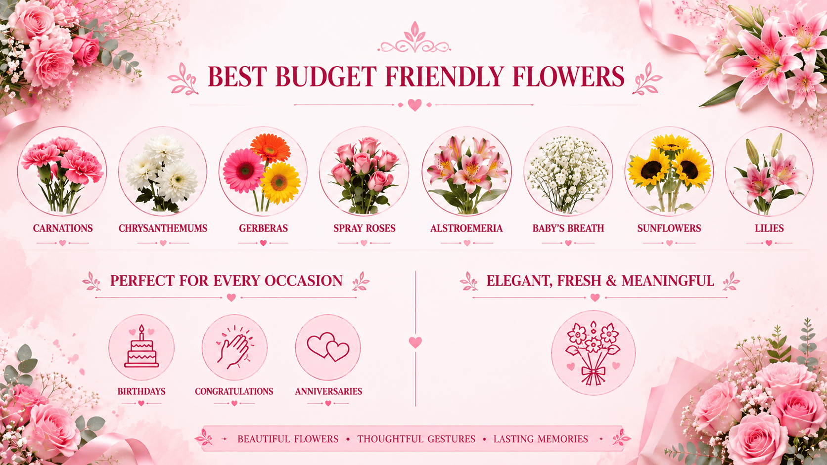 A collection of budget-friendly flowers, including carnations, chrysanthemums, gerberas, spray roses, alstroemeria, baby's breath, sunflowers, and lilies, ideal for affordable bouquets and every special occasion.