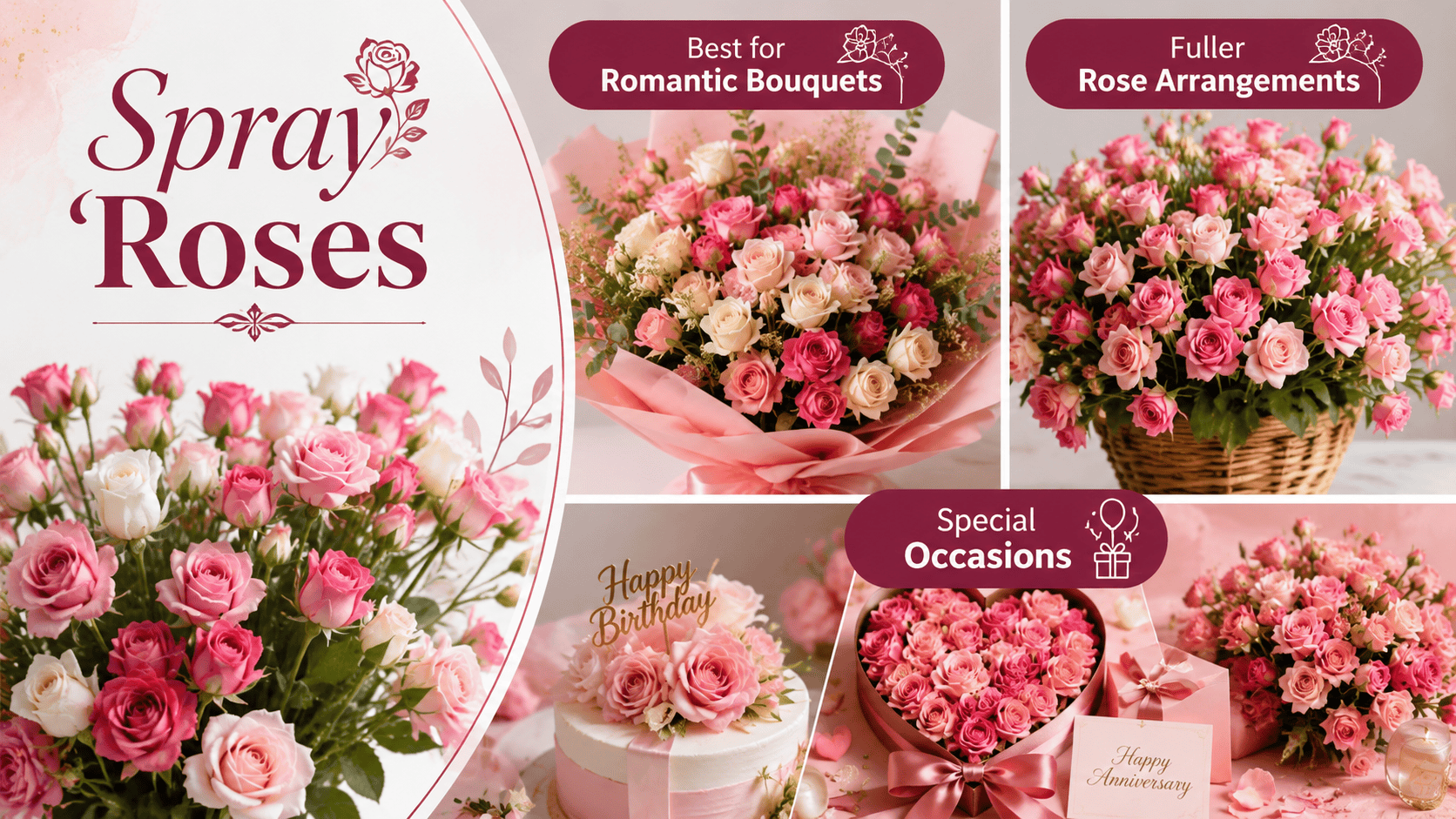 Pink and white spray rose bouquets and floral arrangements, showcasing their romantic charm for anniversaries, birthdays, and special occasions.