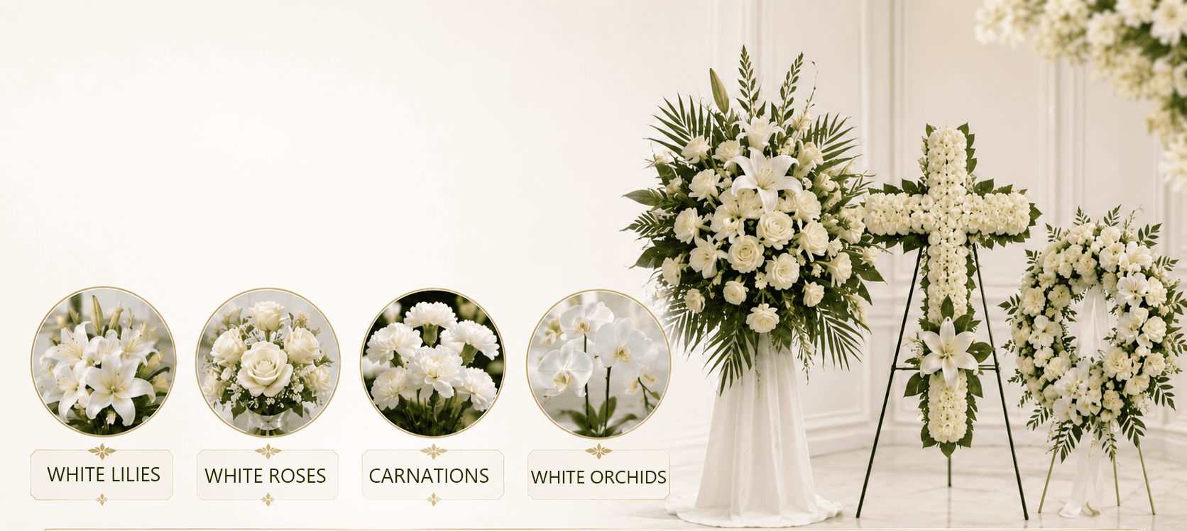 Elegant Christian funeral flower banner featuring white lilies, roses, carnations, orchids, and standing floral tributes, highlighting suitable condolence flowers with a soft cream background.