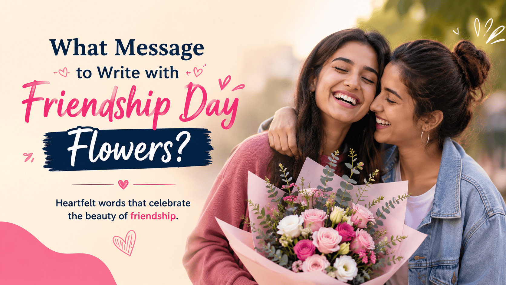 Two friends smiling and hugging while holding a colorful flower bouquet, celebrating Friendship Day with a warm and joyful atmosphere.