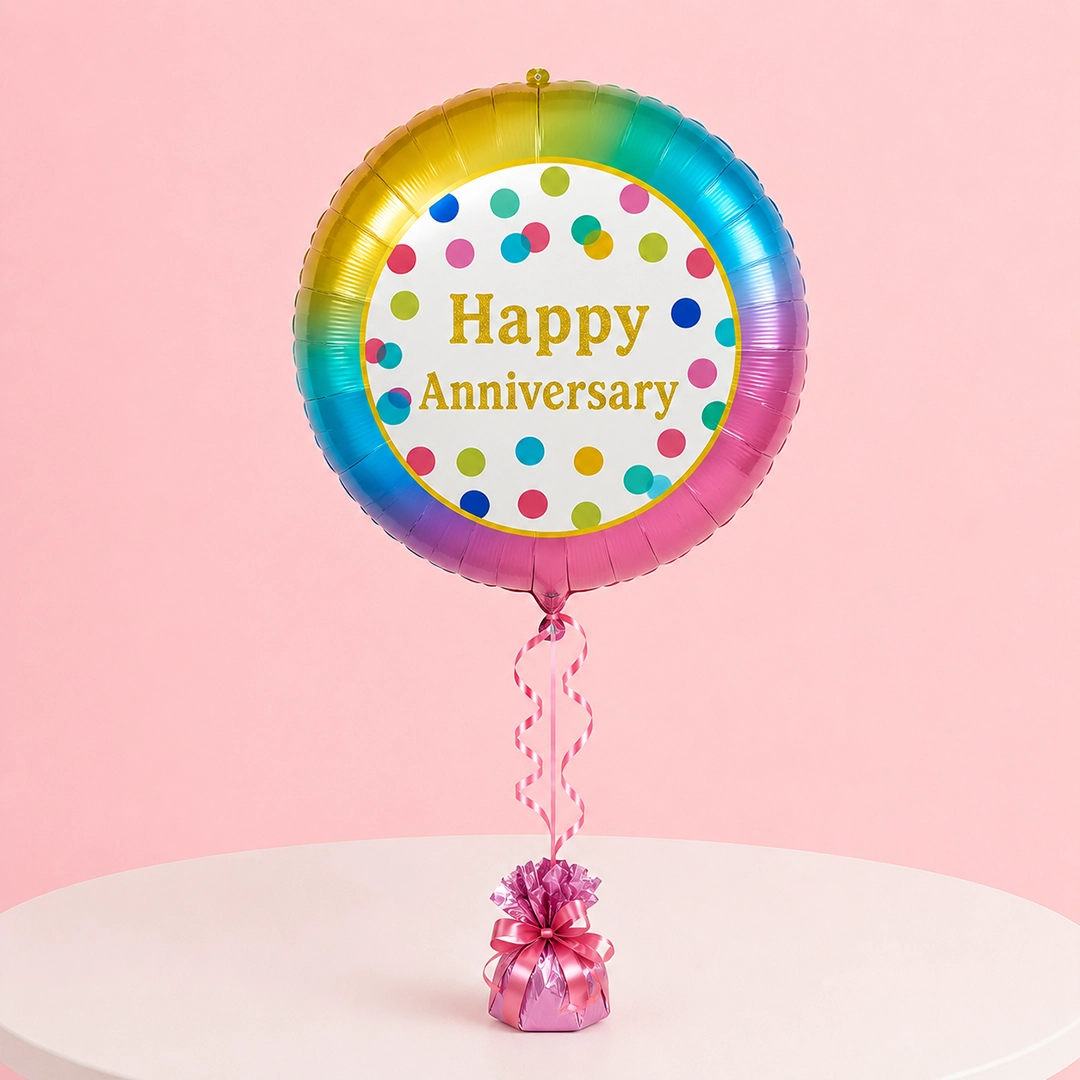 happy-anniversary-round-foil-balloon Colourful round foil balloon featuring Happy Anniversary message