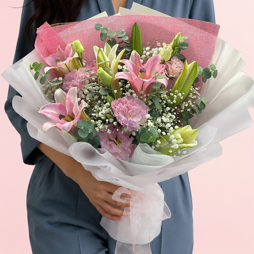 pink-lilies-floral-charm Pink Oriental lily and lisianthus bouquet with fillers and fresh greenery
