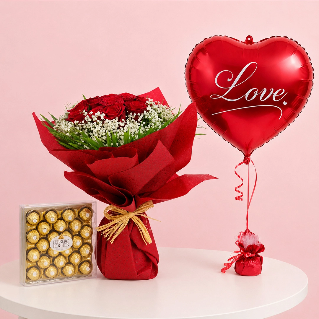 10-red-roses-with-heart-balloon 10 red roses bouquet, 24 Ferrero chocolate with red heart-shaped love foil balloon
