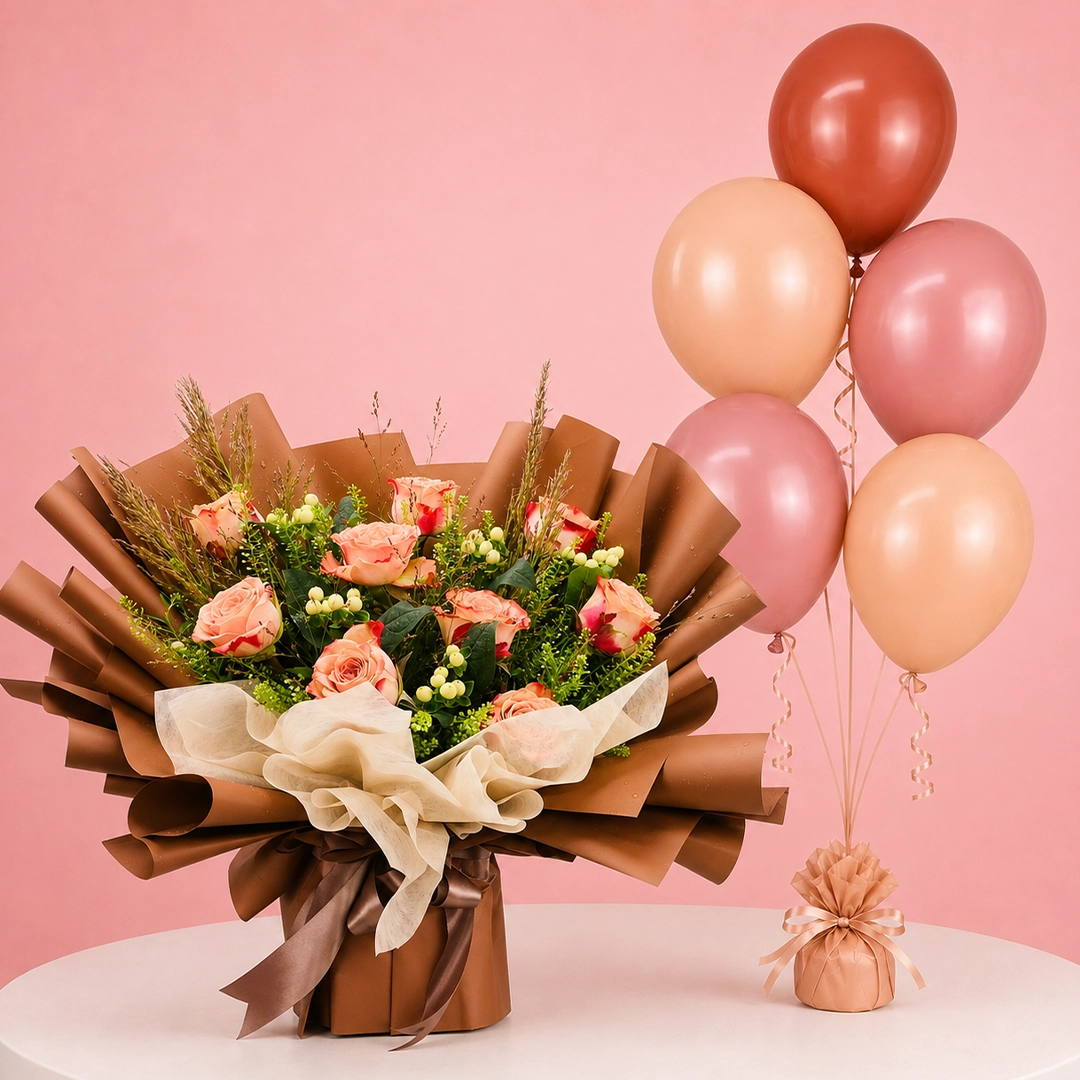 10-roses-celebration-balloon-bouquet Handcrafted bouquet of 10 fresh roses with eucalyptus leaves and 5 mixed-color balloons.