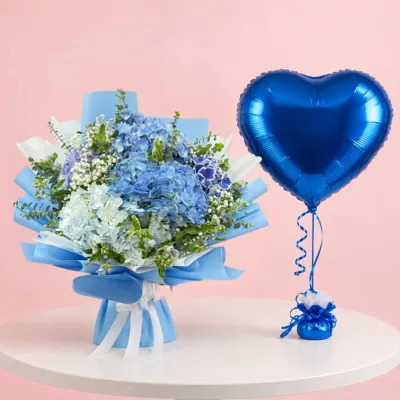 Hydrangeas, Baby’s Breath, Eucalyptus, and 1 Blue Heart Shape Balloon