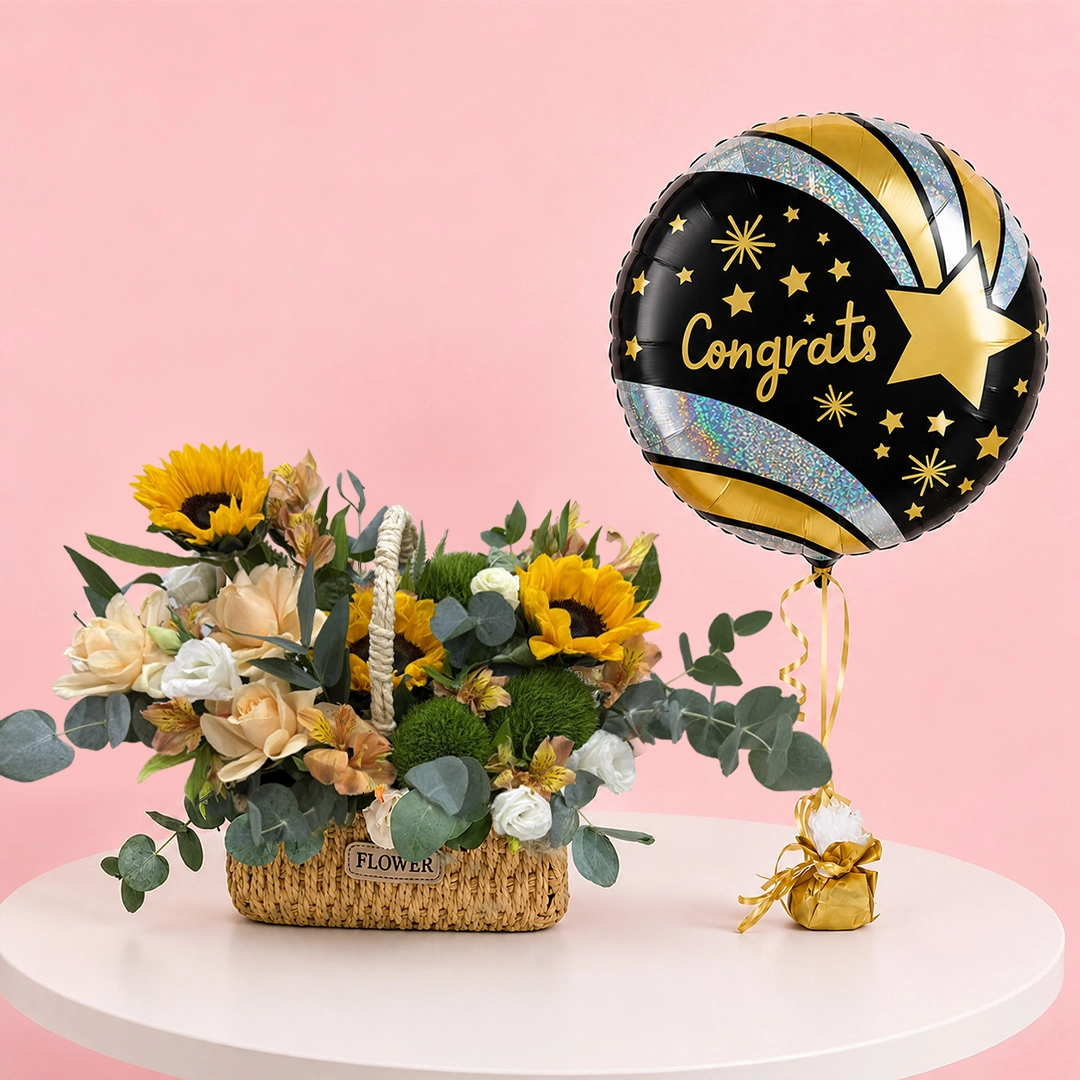 congrats-sunflower-gift-basket 3 Sunflowers, 3 Roses, 3 Lisianthus, 3 Green Tick, Fillers and Foliage with Congrats foil balloon.