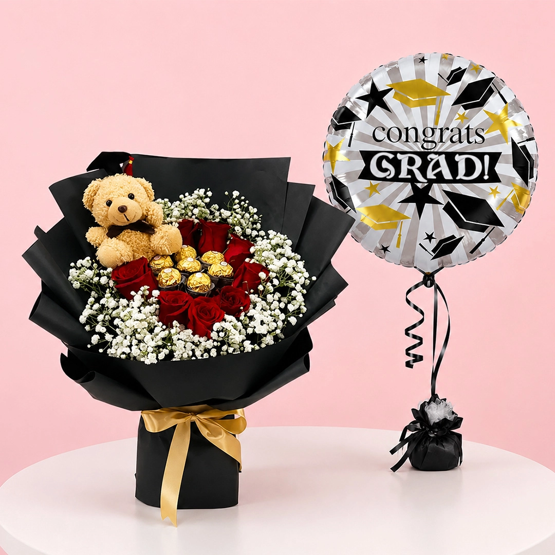 grad-celebration-teddy-combo Graduation arrangement with roses, Ferrero Rocher, teddy bear, and a 'Congrats Grad' balloon