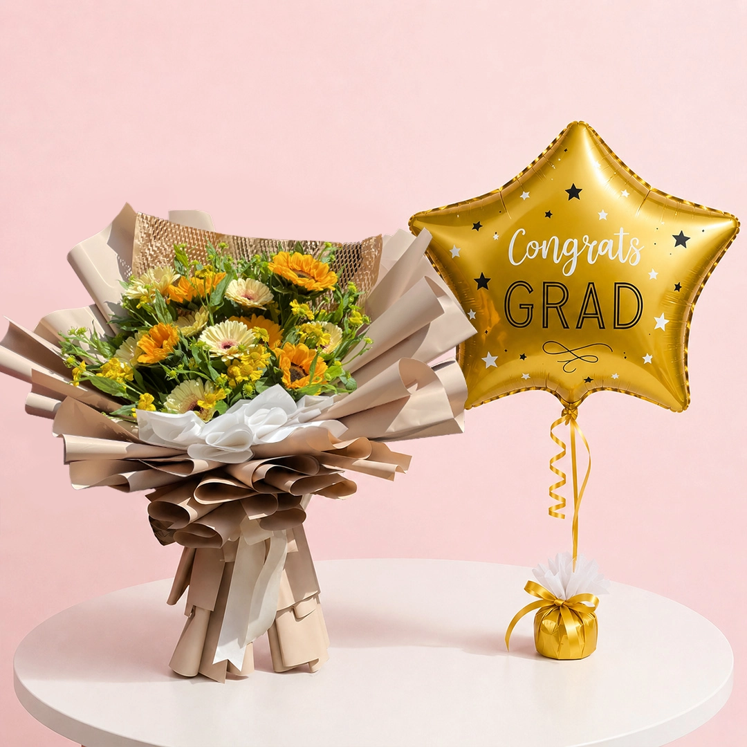 graduation-sunshine-balloon-gift 5 sunflowers and 6 gerberas with 'Congrats Grad' star-shaped foil balloon