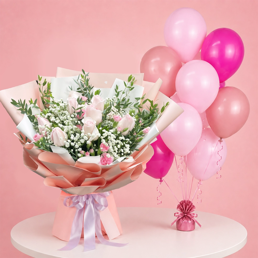pink-roses-and-mixed-balloon-combo Pink roses, pink spray carnations, gypsophila, ruscus leaves, and 10 mixed-color balloons arranged as a combo gift