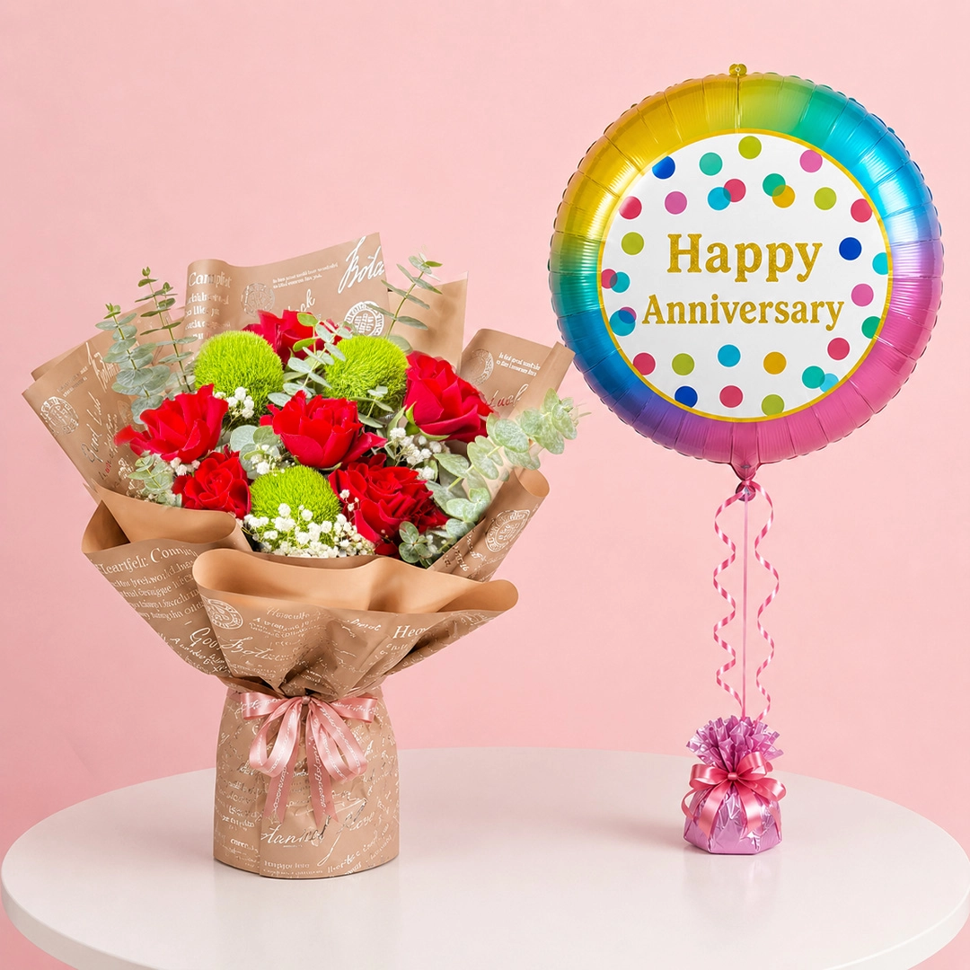 red-rose-bouquet-with-anniversary-balloon Red roses, chrysanthemums, foliages, and one 'Happy Anniversary' balloon bouquet