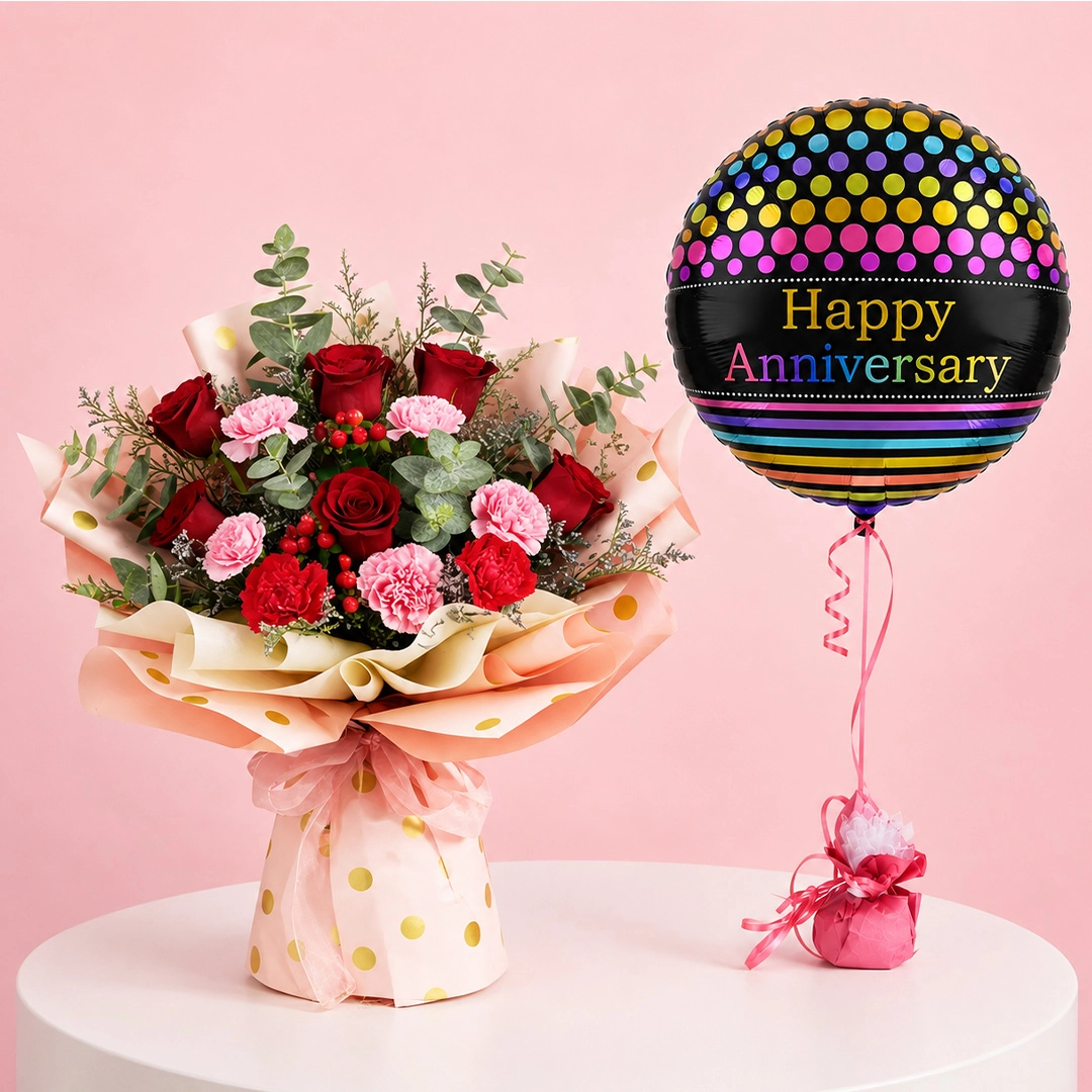 roses-and-carnations-with-balloon 5 roses and 5 carnations bouquet with a 'Happy Anniversary' round foil balloon
