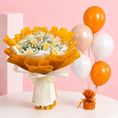 25 roses with baby’s breath and five mixed-colour balloons arranged for a special celebration