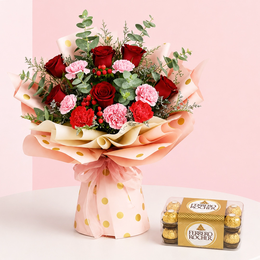 roses-carnations-bouquet-with-ferrero Rose and carnation flower bouquet arranged with 16Ferrero Rocher hazelnut chocolates