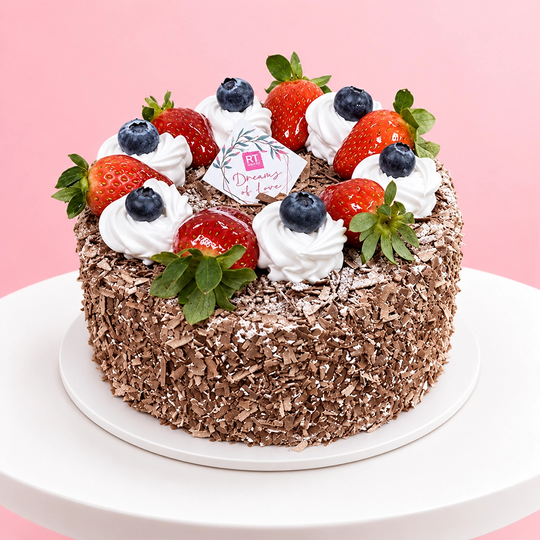 black-forest-chocolate-chiffon-cake 8-inch chocolate chiffon cake topped with fresh cream, sweet cherries, chocolate shavings, and assorted fresh fruit.