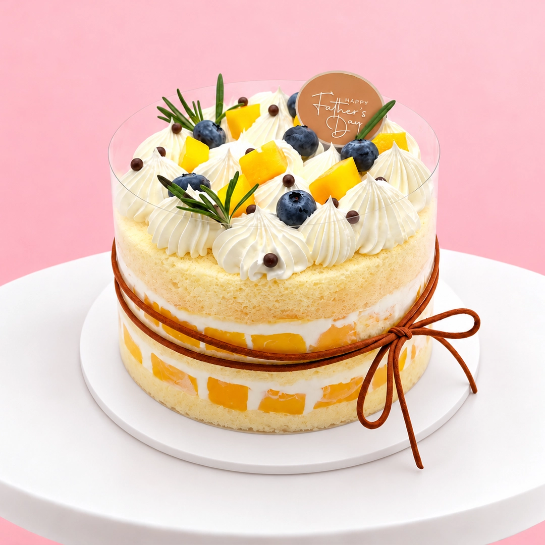 japanese-mango-custard-cream-cake 6-inch Mango Custard Cloud Cake featuring Japanese chiffon, creamy custard, fresh mango susu, and mango coulis topping.