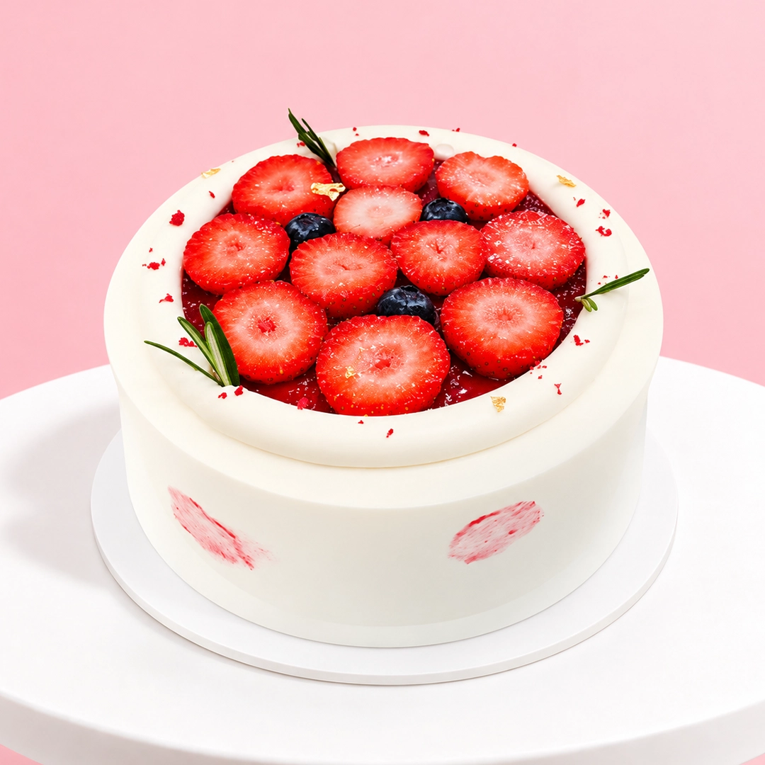 lychee-mousse-chiffon-cake Vanilla chiffon cake filled with lychee cream and lychee fruit, finished with whipped cream in an 8-inch round design.