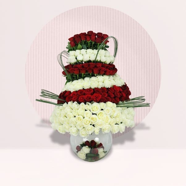 Picture1 (1) Tiered glass vase arrangement with 70 red roses and 70 white roses.