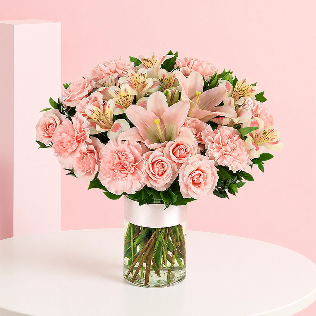charming-bunch_2026 A floral arrangement featuring 110 pink roses, 10 pink carnations, 10 pink lilies, and 10 pink alstroemeria in a cylinder vase.