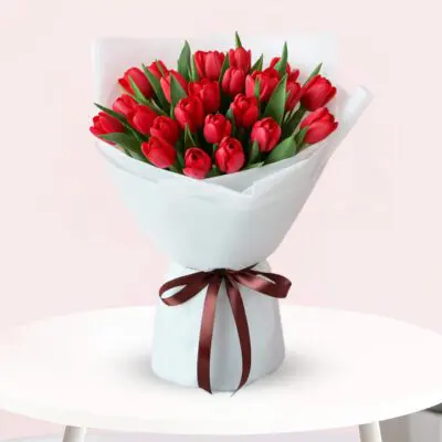 A vibrant bouquet of red tulips tied with a brown ribbon, showcasing their fresh blooms and elegant arrangement.