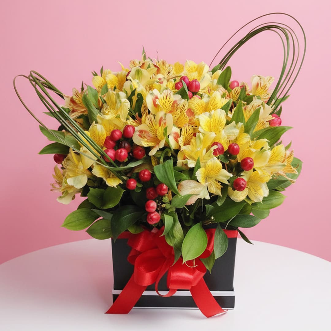 01 Black flower box with yellow alstroemeria, red berries and green leaves.