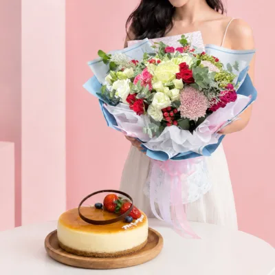 Pink Rose Cake Harmony featuring a hand bouquet of 10 pink roses paired with a Purple Velvet Chiffon Cake and blueberry cream cheese filling for celebrations and gifting.