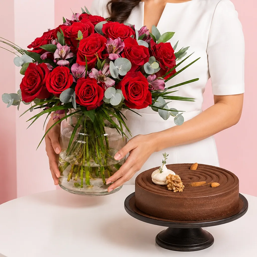 Chocolate Cheesecake & Flowers Combo featuring 15 red roses and 5 alstroemerias arranged in a vase paired with a rich chocolate cheesecake made with cream cheese, dark chocolate, and walnuts.