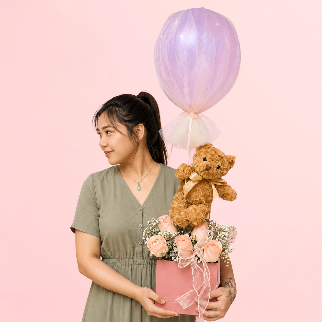 peach-blossom-teddy-combo Peach Blossom & Teddy Combo featuring fresh peach roses, delicate gypsophila, and a cuddly teddy bear arranged as a charming gift for birthdays and special occasions.