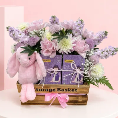 PopoMama Ba Zhen Gift Hamper for Her featuring fresh lilies, carnations, baby’s breath, and PopoMama 9 in 1 Ba Zhen Beverage beautifully arranged in an elegant gift basket.