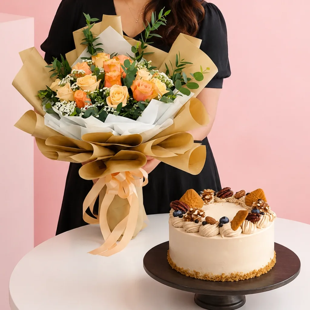 Romantic Flowers Walnut Cake Combo featuring a hand bouquet of peach roses and greenery paired with a rich Coffee Walnut cake made with coffee chiffon, peanut butter, custard cream, and walnuts.